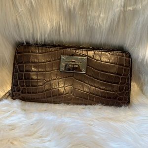 Michael Kors Dark Brown Faux Crocodile Zip Around Wallet